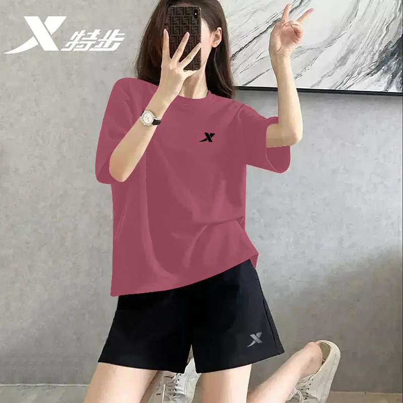 特步速干套装女跑步运动夏季女款宽松短袖t恤短裤健身锻炼两件套