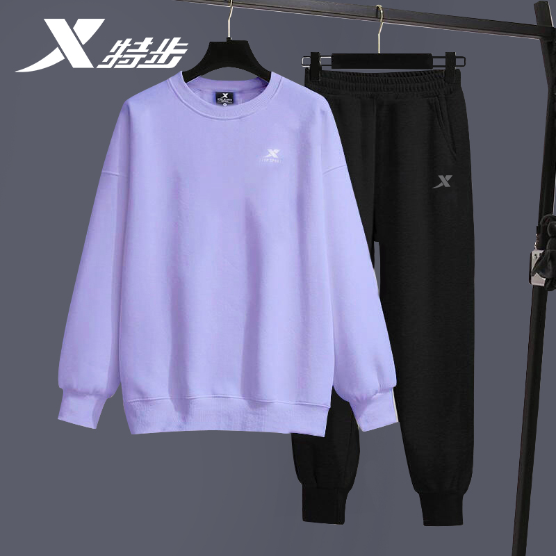 特步运动套装女2025新款大码宽松女装品牌正品圆领卫衣卫裤两件套
