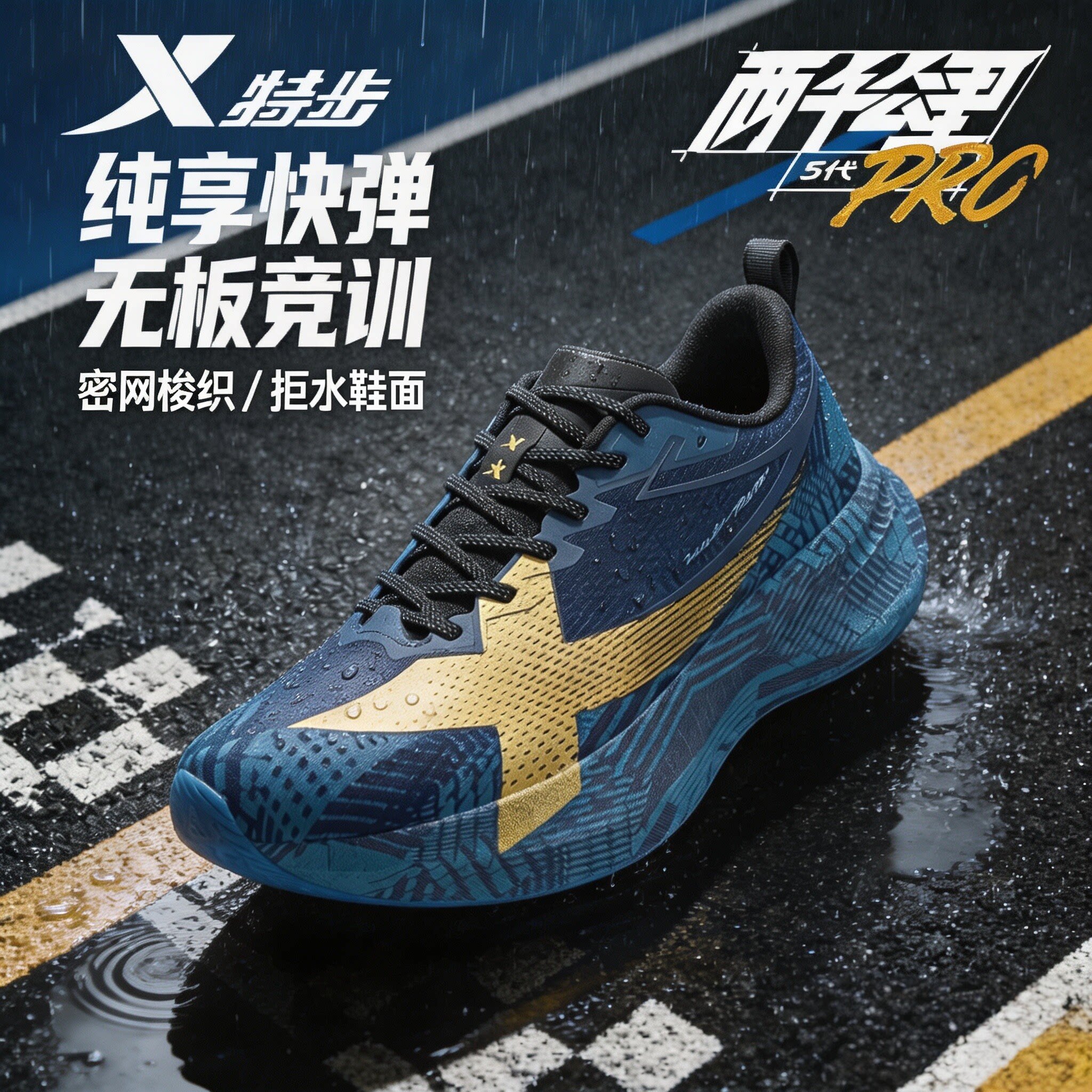 特步两千公里五代PRO秋冬款蓝金荣耀跑步鞋男减震防滑运动鞋男鞋