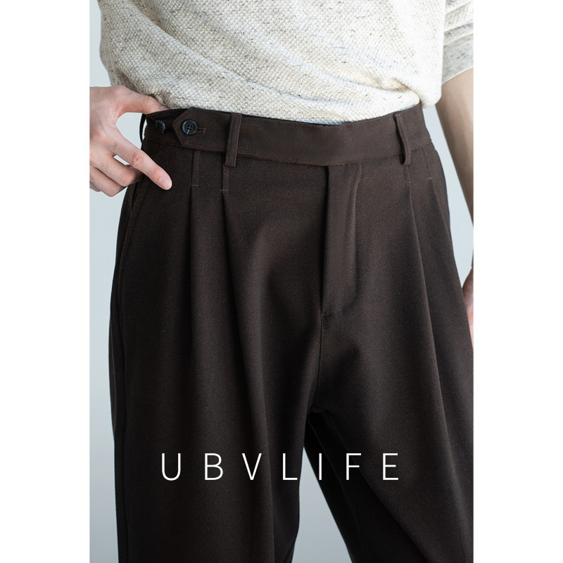 UBV莱赛尔醋酸羊毛裤男士2026秋老钱风垂感双褶半松紧腰直筒西裤