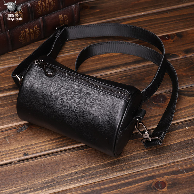 真皮斜挎包男ins潮小包横款圆筒日系单肩包头层牛皮迷你潮牌背包