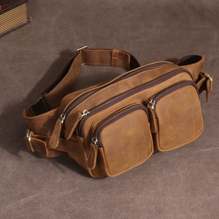 头层牛皮复古潮流胸包多功能男士 真皮斜挎背包休闲运动疯马皮腰包