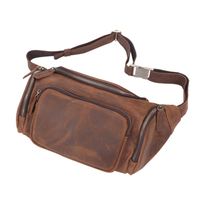 疯马皮大腰包男真皮胸包头层牛皮复古潮休闲哈雷包多功能斜挎背包