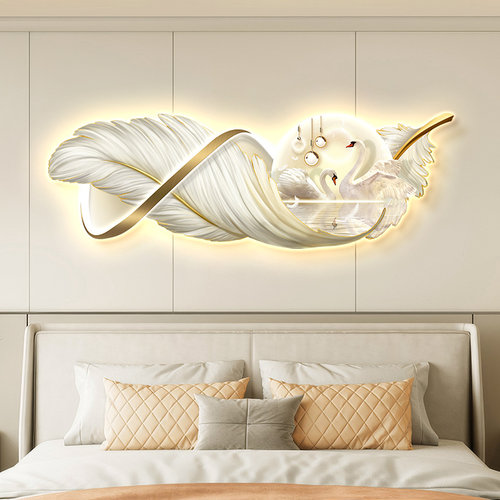 轻奢led灯画天鹅床头卧室装饰画氛围现代主卧房间挂画壁画高级感