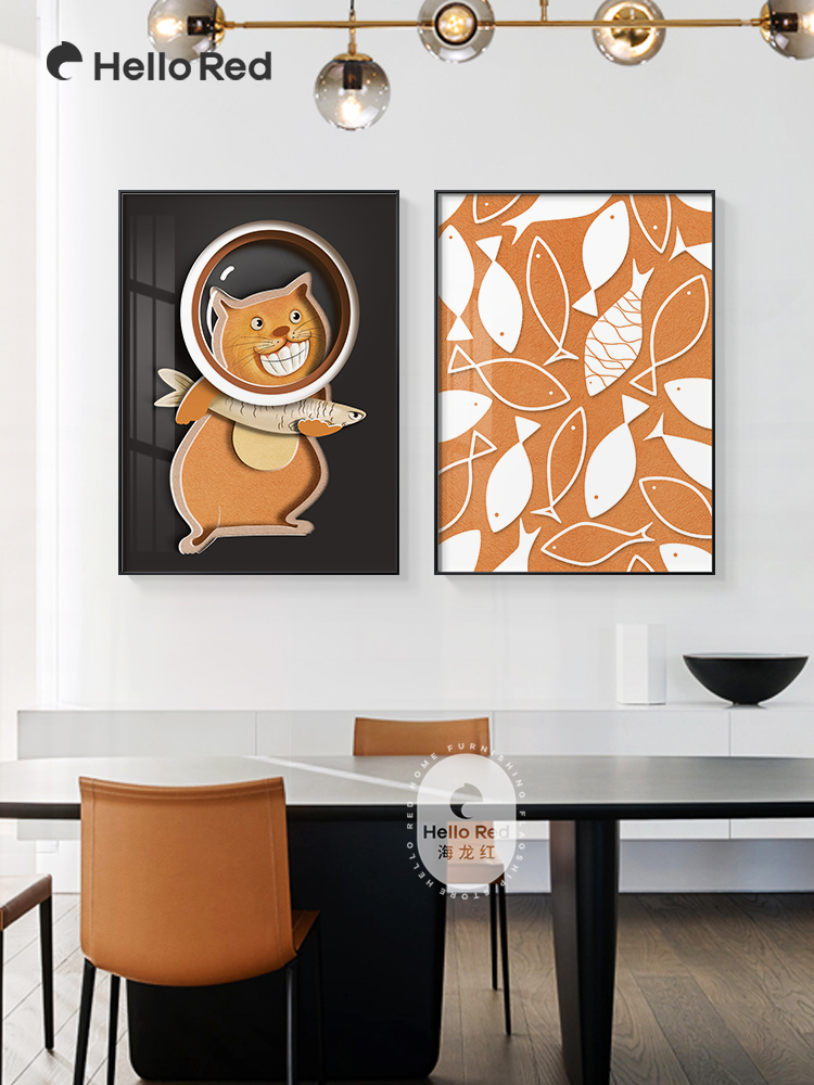 现代简约餐厅装饰画北欧饭厅墙面装饰壁画创意猫和鱼温馨餐桌挂画图片