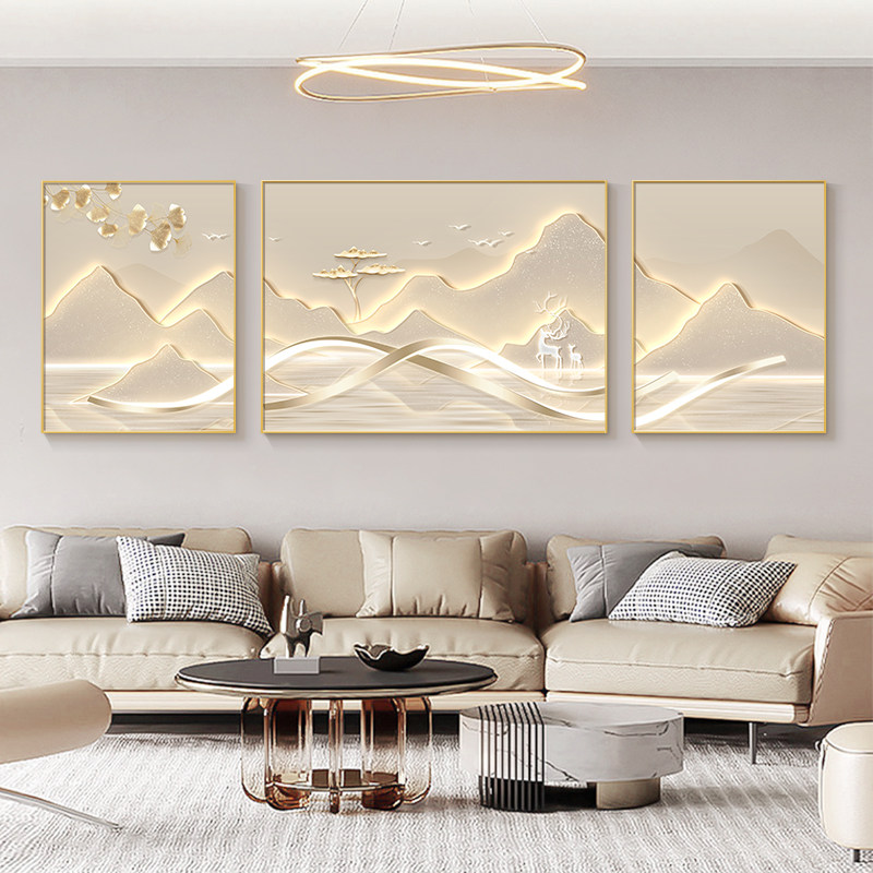 现代轻奢客厅装饰画 画简约山水画 画靠山高级感三联壁画 画沙发