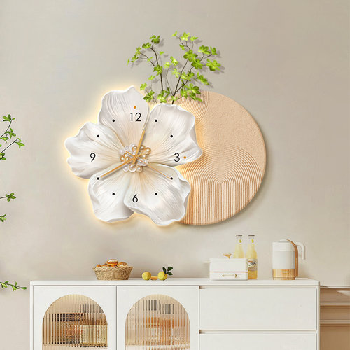 2024新款奶油风餐厅装饰画挂钟花卉时钟客厅玄关背景墙挂画带钟表