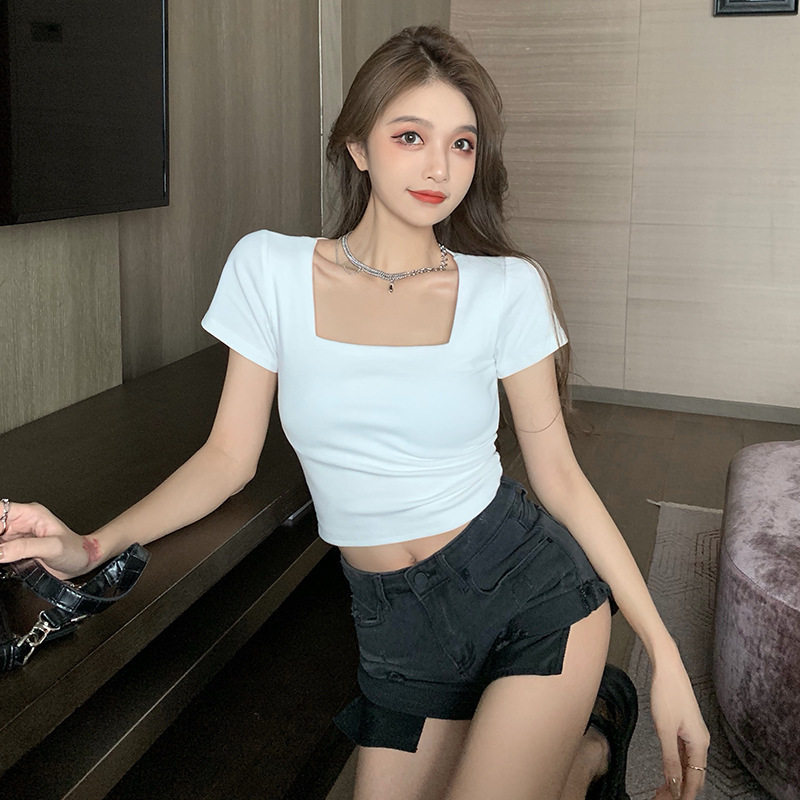 2026夏季新款修身内搭方领短袖t恤女高腰短款露脐打底衫上衣女装