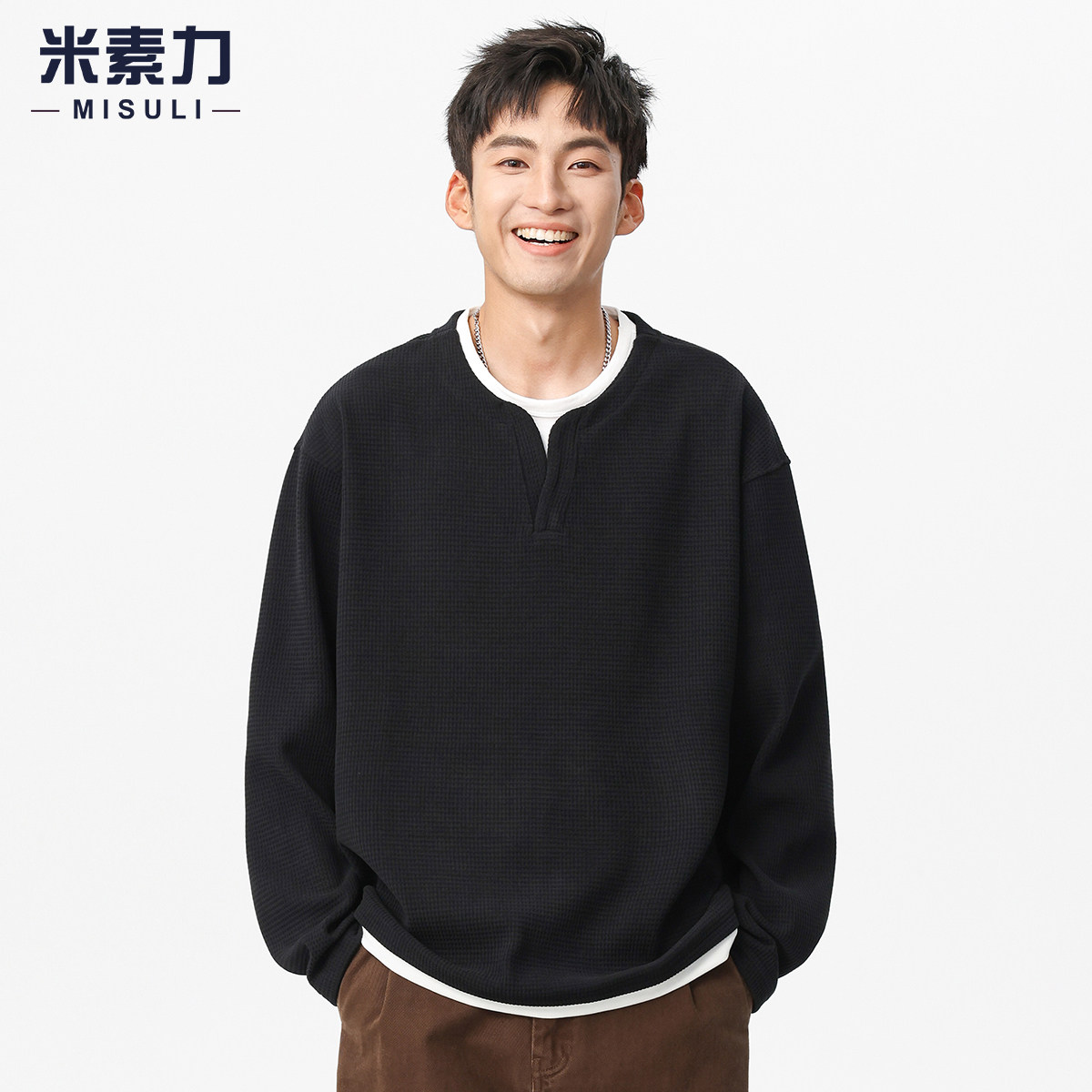 秋装华夫格假两件长袖T恤男2026新款美式潮牌V领亨利衫打底衫卫衣