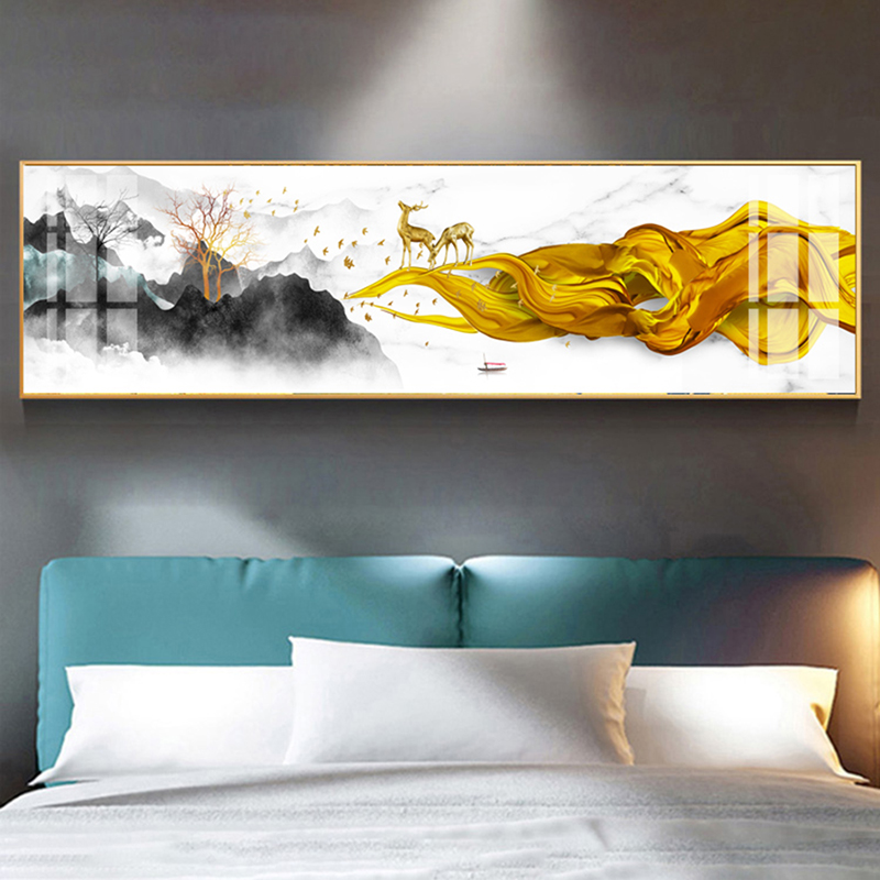 卧室床头装饰画麋鹿简约晶瓷轻奢沙发背景墙壁画民宿横版大气挂画图片