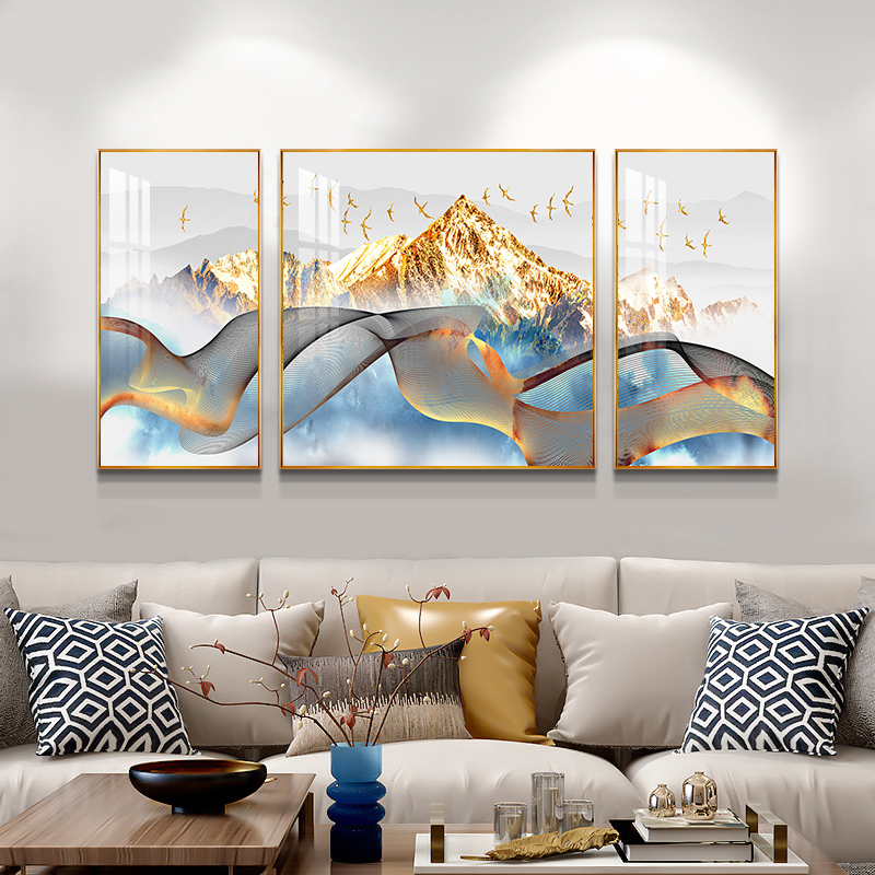 新中式客厅装饰画晶瓷三联背景墙挂画山川风景卧室床头办公室壁画图片