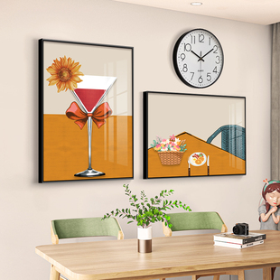 餐厅装饰画简约现代晶瓷组合酒杯背景墙壁画轻奢双联钟表创意挂画