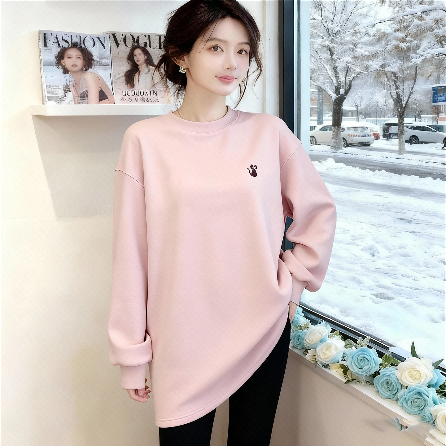 布多欣粉色长袖遮臀内搭T恤女