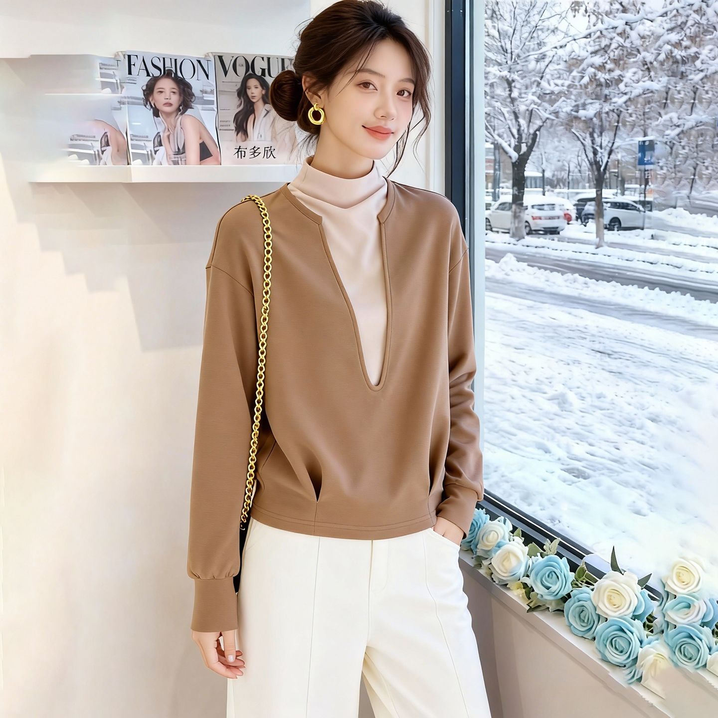 布多欣大码显瘦假两件长袖上衣