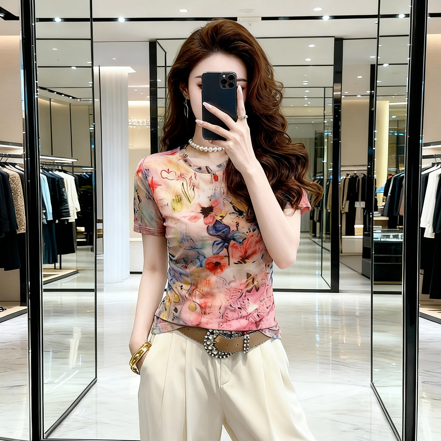 时尚印花网纱短袖T恤女夏季设计感独特绝美上衣修身显瘦洋气小衫