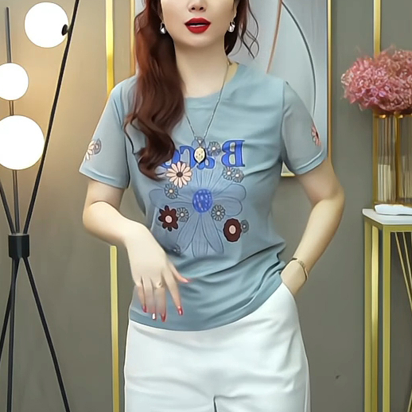 时尚印花圆领宽松短袖T恤女
