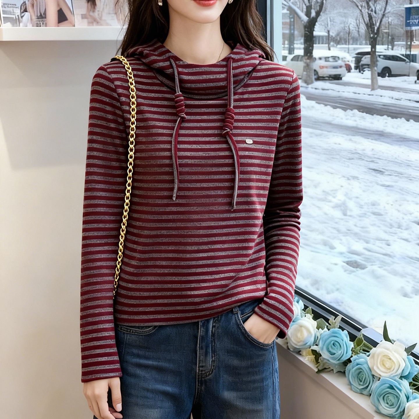 布多欣大码显瘦条纹连帽打底衫