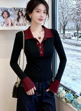 性感纯欲Polo领拼色长袖T恤内搭打底衫女秋季新款修身显瘦上衣