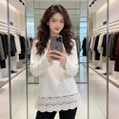 浪漫风白色蕾丝拼接针织衫 女冬季 中长款 法式 宽松保暖打底衫 女上衣