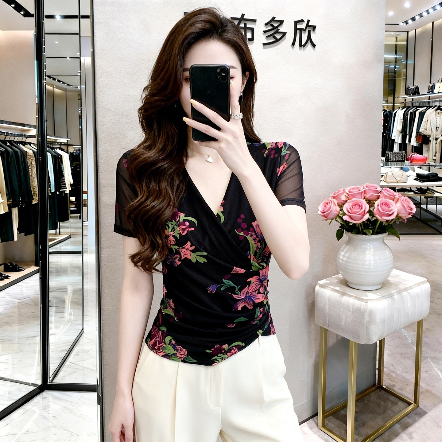 夏季短袖t恤女2026新款印花洋气小衫遮肚子网纱打底衫半高领上衣