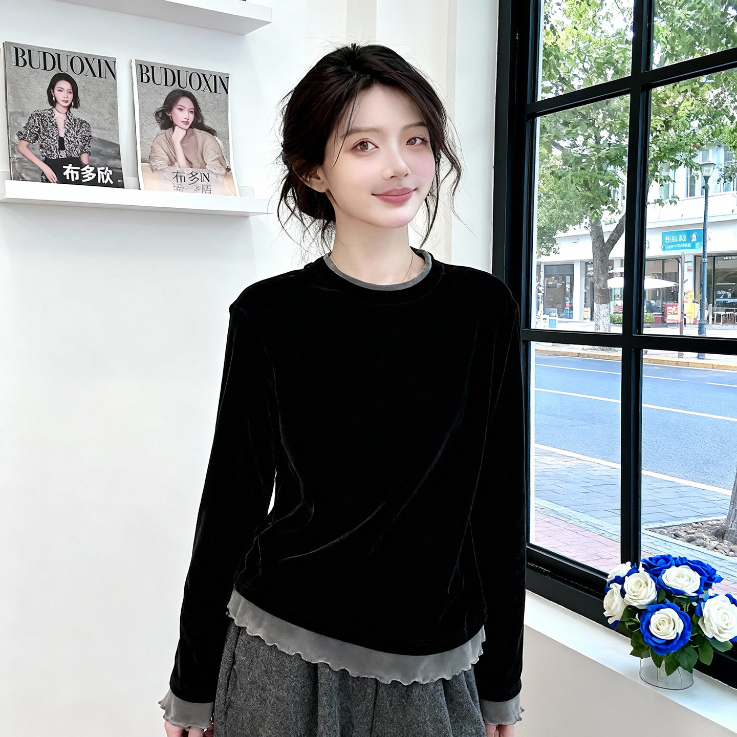 大码撞色拼接丝绒假两件长袖t恤女2026春季胖mm宽松内搭打底上衣,女装/女士精品,大码内搭,淘宝优惠券,粉丝福利购,淘宝优惠卷