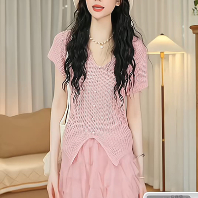 高级感粉色短袖针织衫女夏