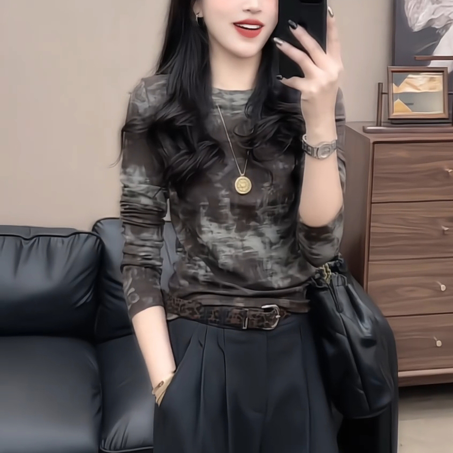 欧货时尚设计感扎染圆领长袖t恤