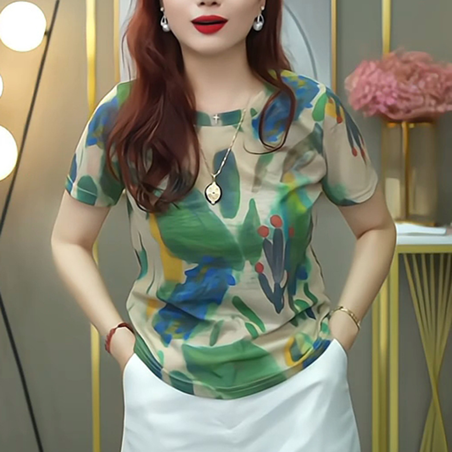 妈妈装圆领短袖亲肤纱T恤女2026夏季新款宽松百搭晕染印花上衣潮