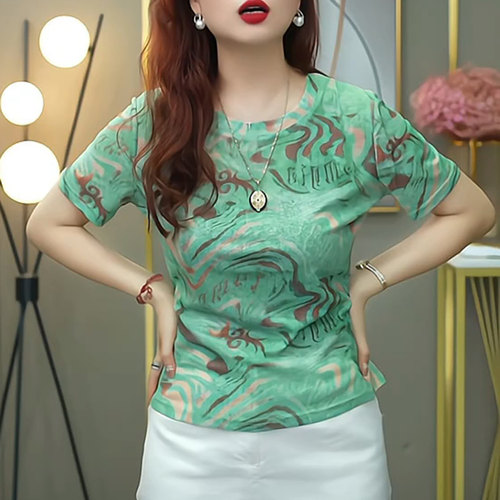 欧洲站晕染蓝色薄款短袖T恤女