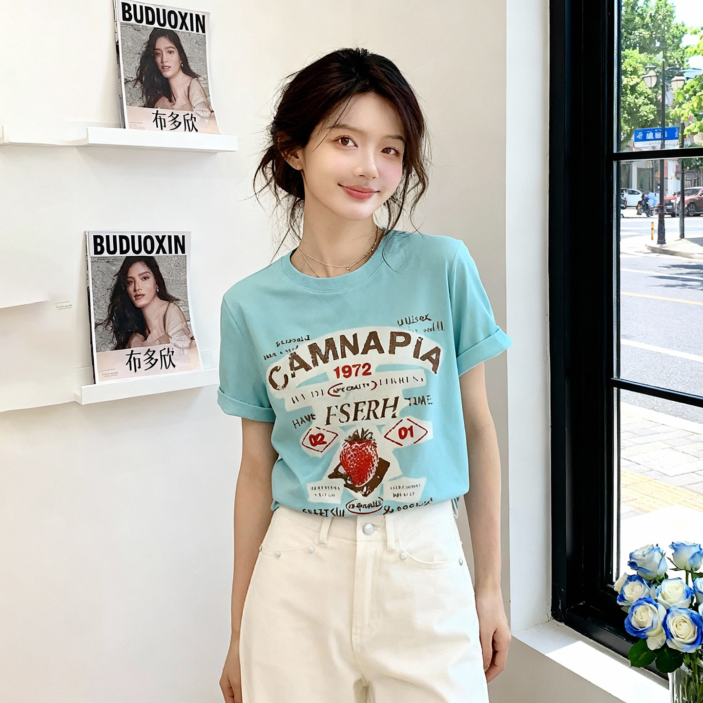 极简风休闲短袖正肩t恤衫女春夏款美式复古印花显瘦内搭纯棉上衣,女装/女士精品,大码内搭,淘宝优惠券,粉丝福利购,淘宝优惠卷