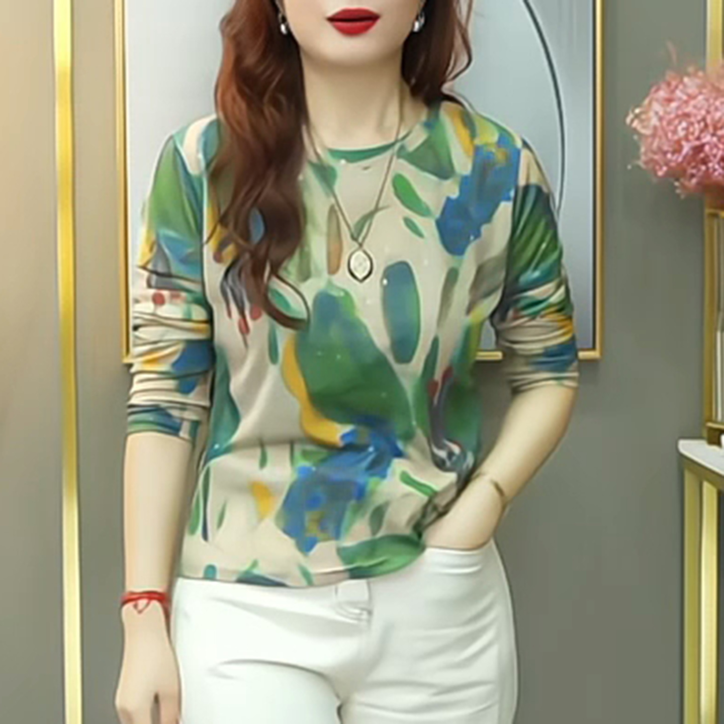 妈妈装圆领长袖天丝棉T恤女