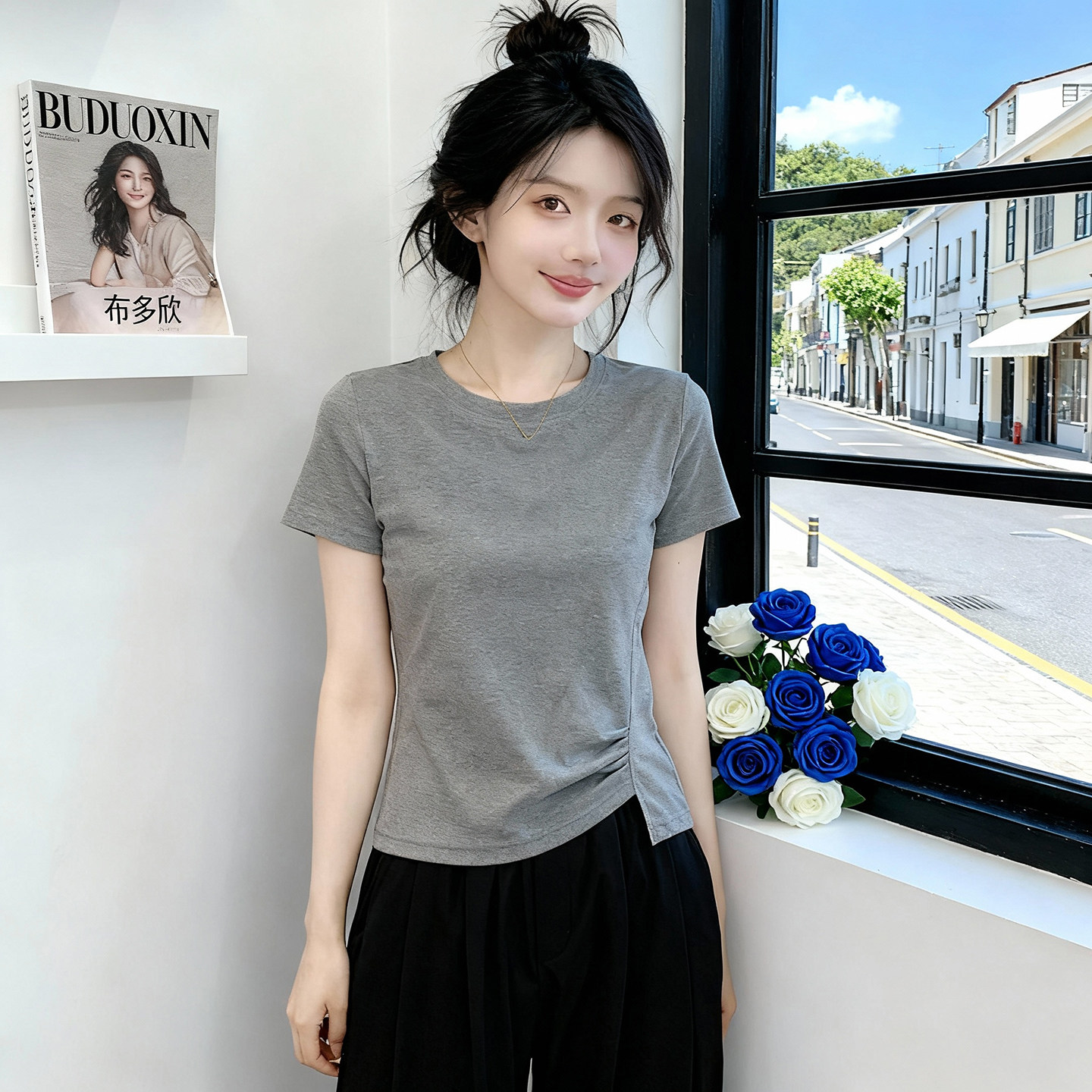 大码纯棉侧压褶显瘦正肩短袖t恤女2026新款爆款夏季休闲百搭上衣,女装/女士精品,大码内搭,淘宝优惠券,粉丝福利购,淘宝优惠卷