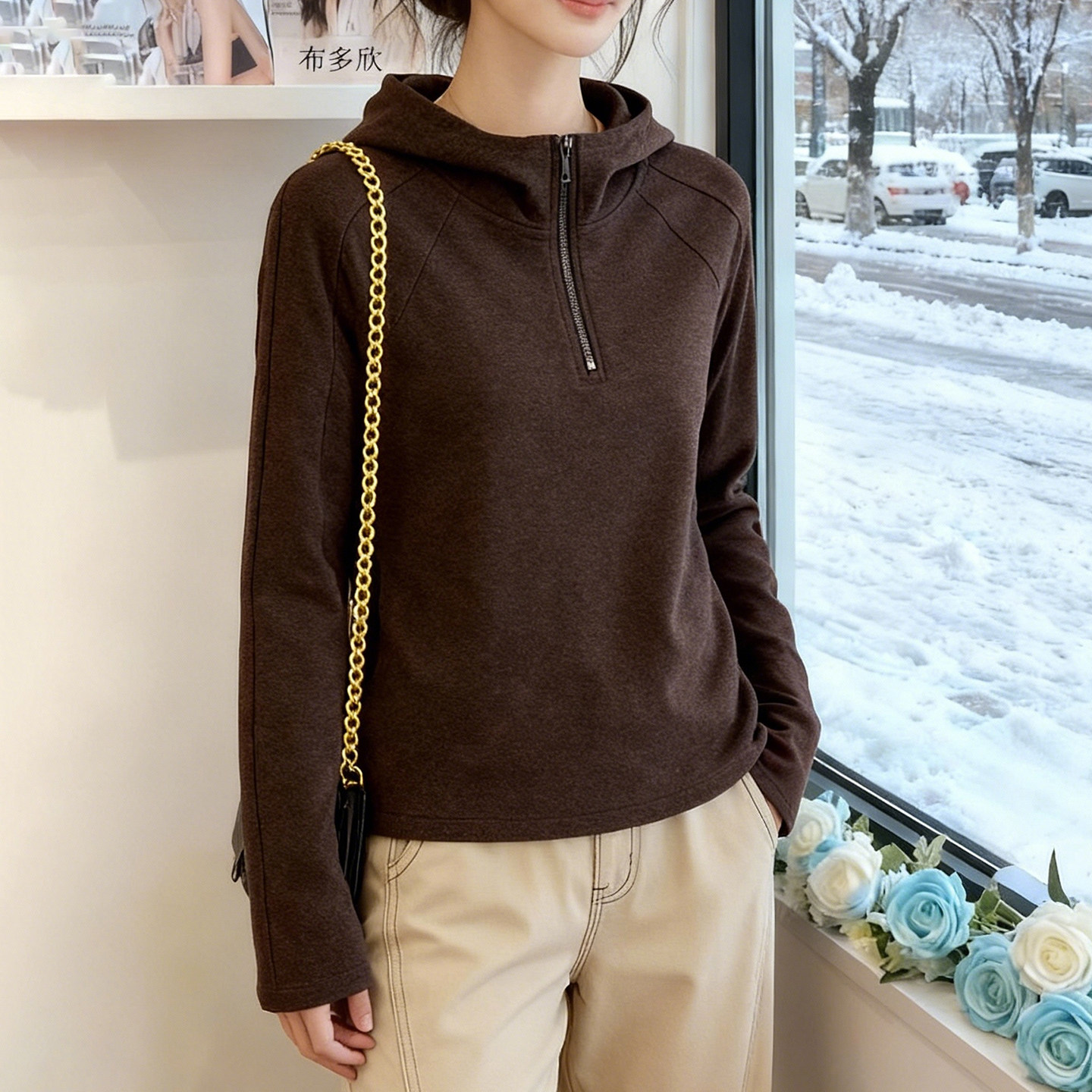 双面绒加厚半拉链连帽撞色卫衣女2025冬季新款时尚百搭显瘦上衣潮,女装/女士精品,大码内搭,淘宝优惠券,粉丝福利购,淘宝优惠卷