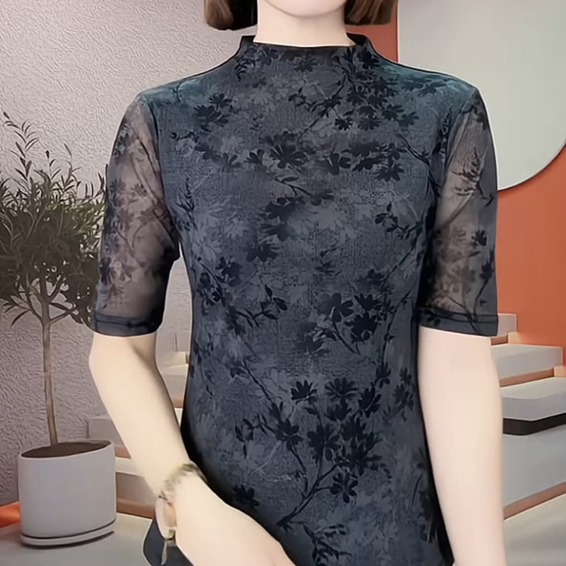 大码网纱双层打底衫女