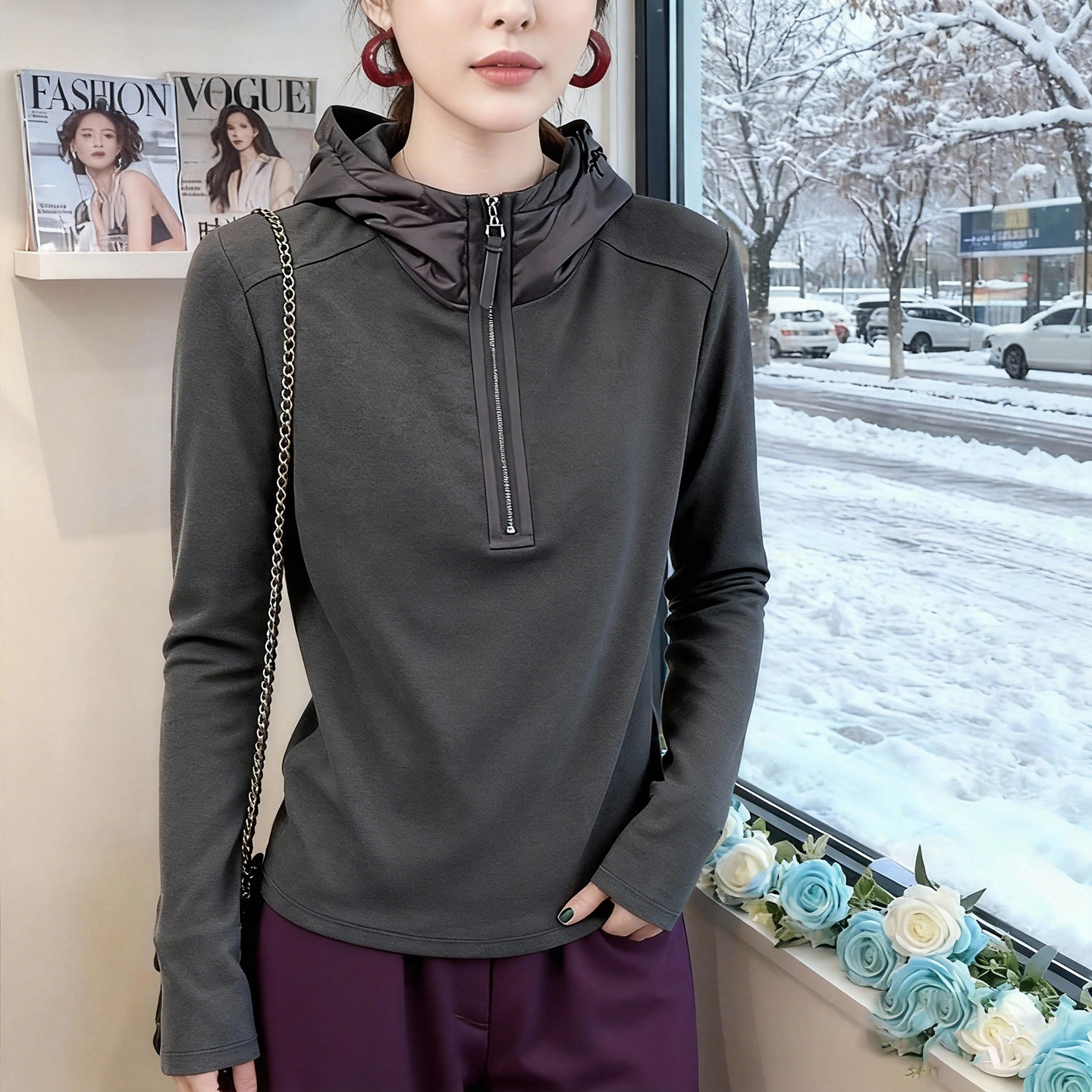 欧货双面德绒加厚连帽卫衣女