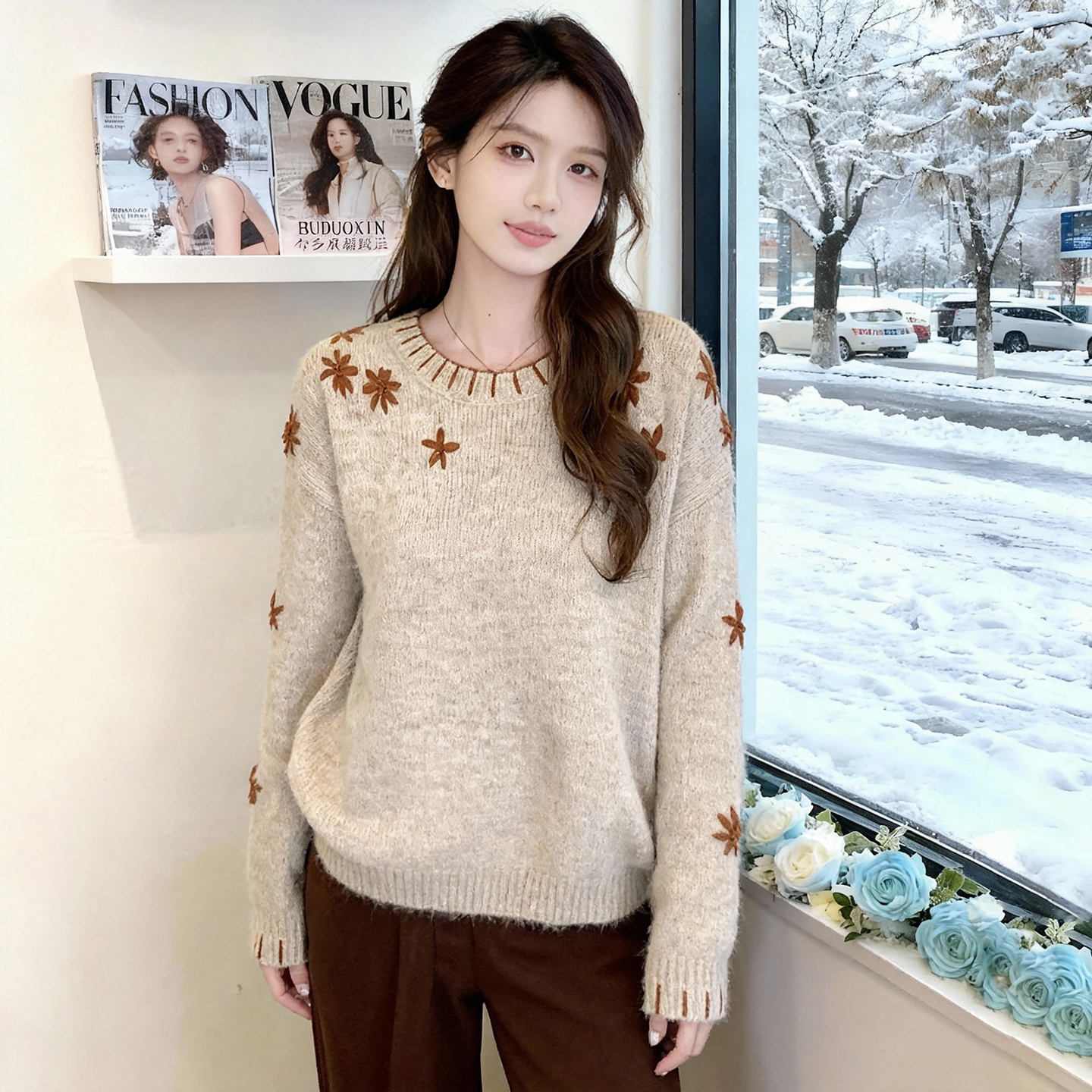 布多欣韩系花朵刺绣显瘦针织衫