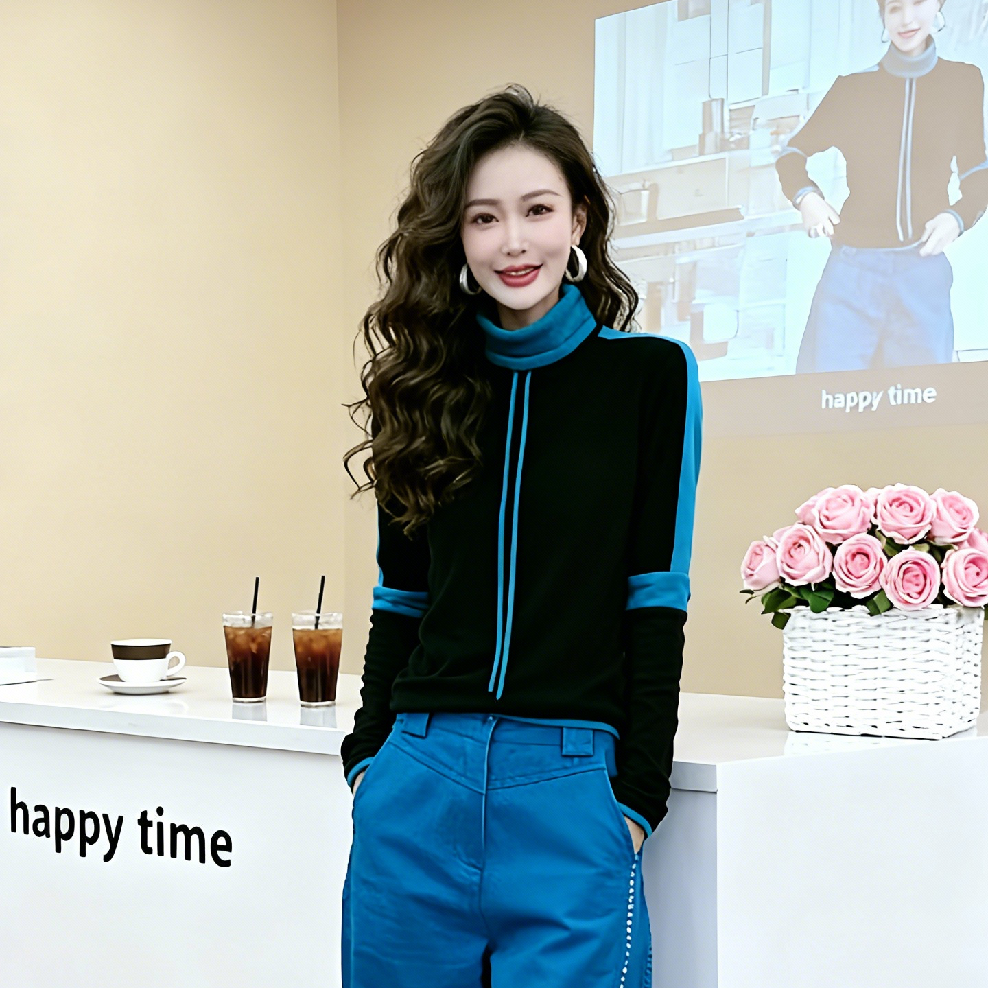 假两件撞色立领长袖t恤女秋冬