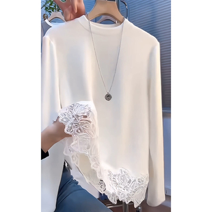 双面德绒打底衫洋气内搭女秋冬季2026新款蕾丝边上衣白色长袖t恤