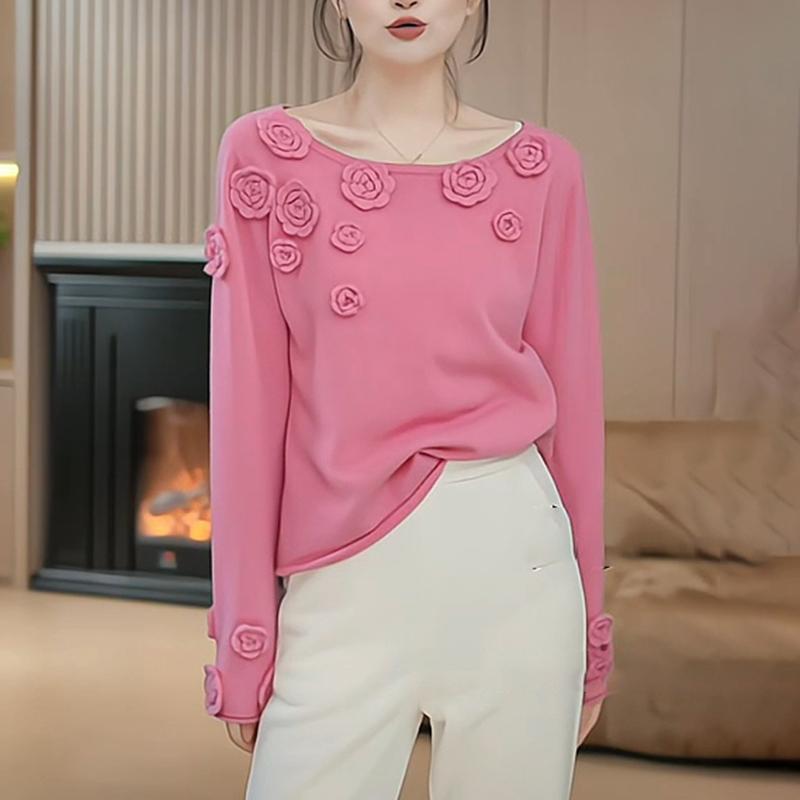 手工立体玫瑰花高端白色针织衫