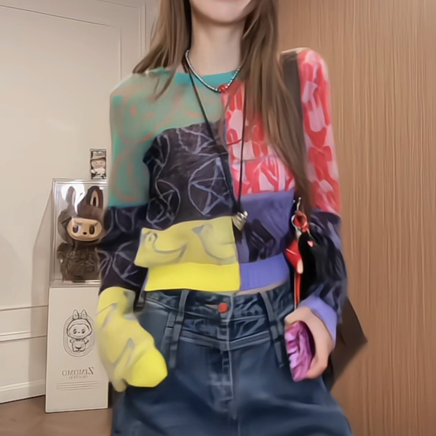 气质彩绘拼接撞色圆领毛衣女