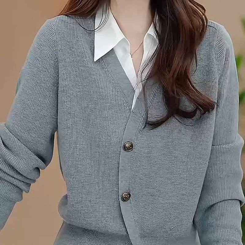 灰色假两件毛衣女士秋冬