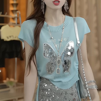 高级感亮片蝴蝶拼接针织T恤女