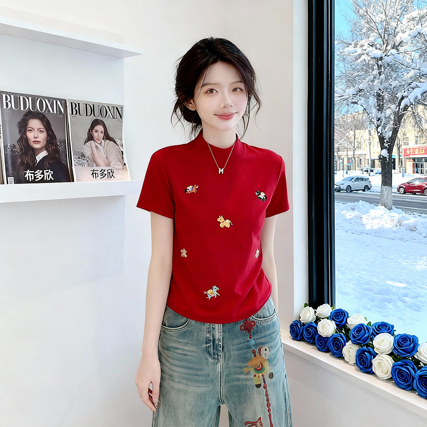 时尚高级感小马刺绣圆领短袖T恤女2026春夏新款百搭减龄显瘦上衣,女装/女士精品,大码内搭,淘宝优惠券,粉丝福利购,淘宝优惠卷