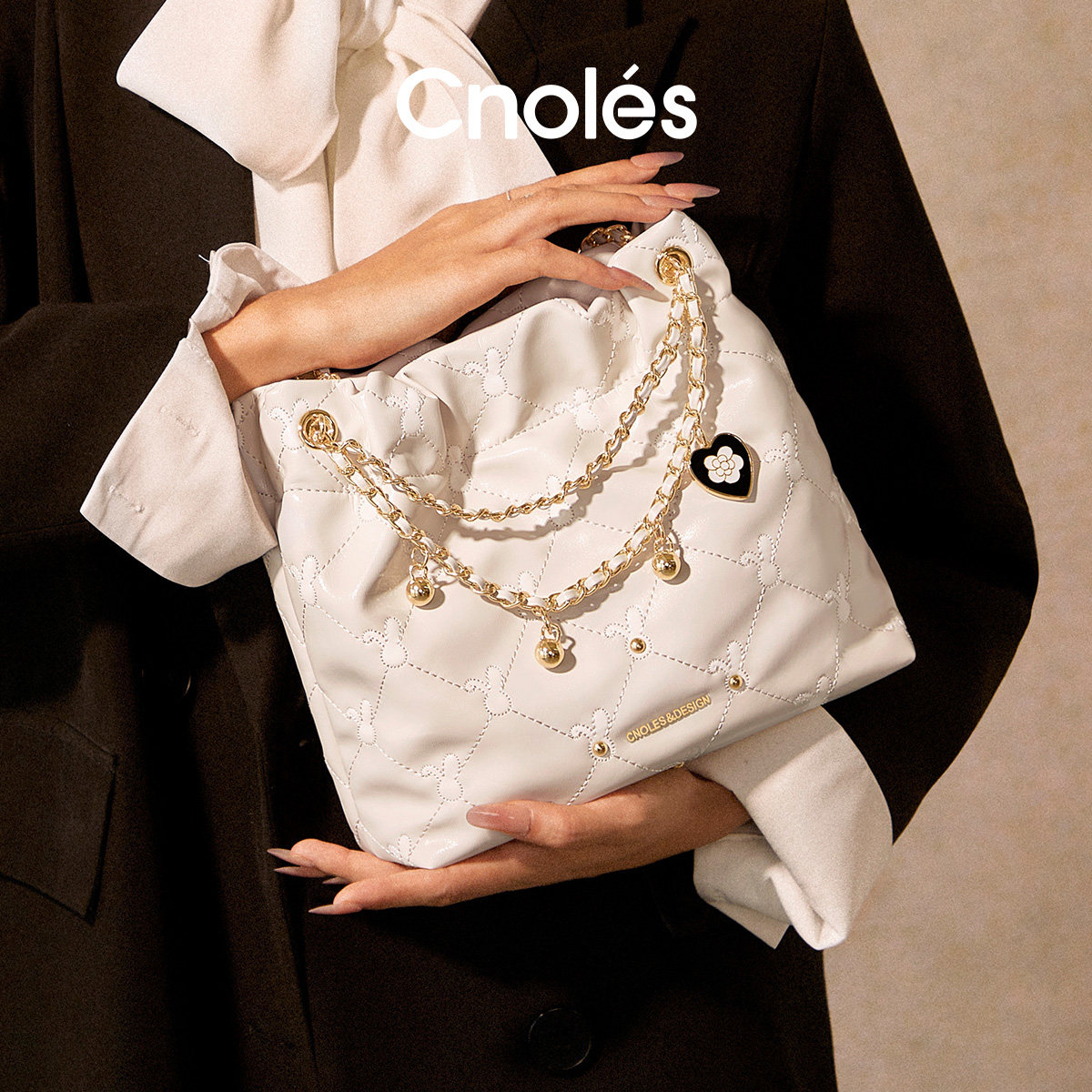 Cnoles蔻一菱格流浪包女高级感白色腋下包包2025新款单肩斜挎包女