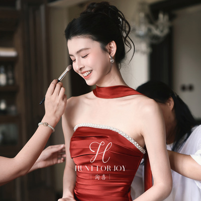 淘喜「梵薇」红色挂脖一字肩新娘敬酒服订婚法式礼服宴会晚礼服女