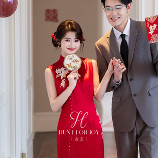 淘喜「百合」红色新中式 缎面刺绣旗袍订婚礼服高级感新娘敬酒服女