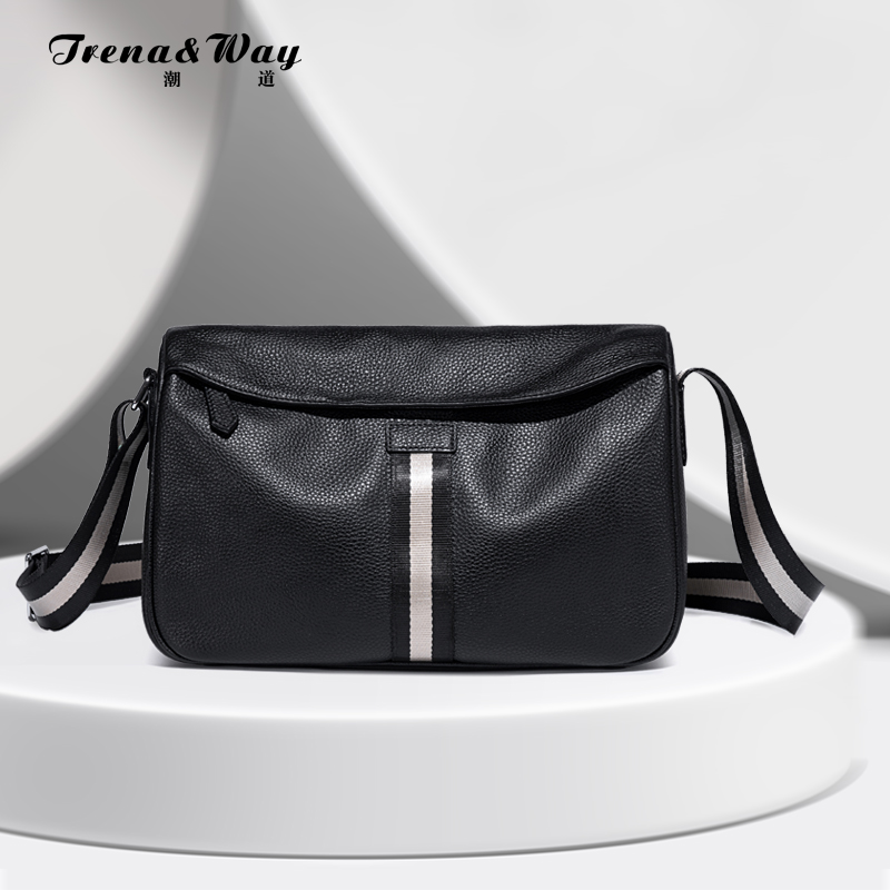 头层牛皮斜挎包大容量多隔层