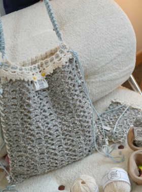 织造物语原创蕾丝钩花单肩包毛线材料包甜美双肩包手工diy钩编