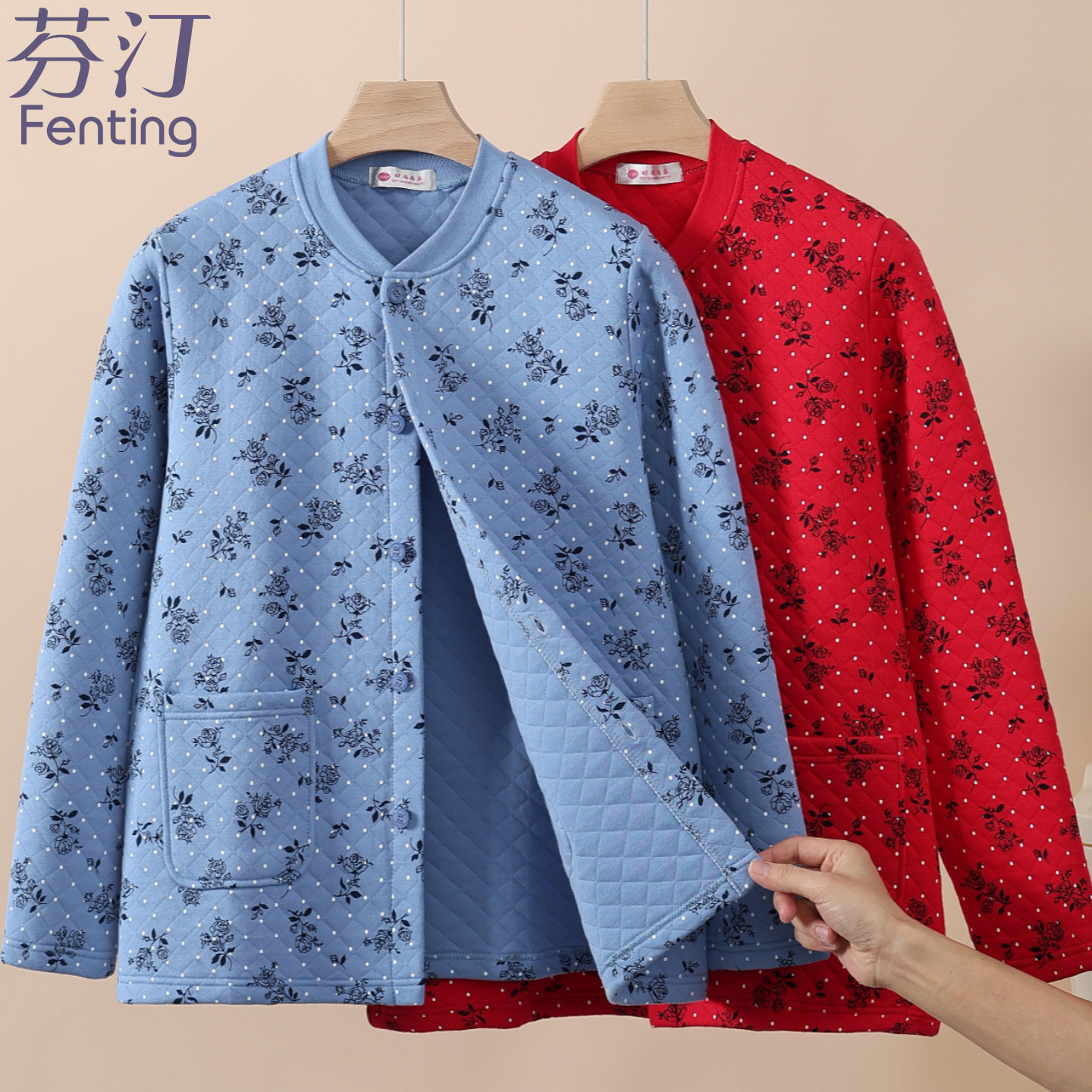 老太太纯棉开衫上衣三层夹棉加厚秋衣秋裤家居服女保暖内衣老年人