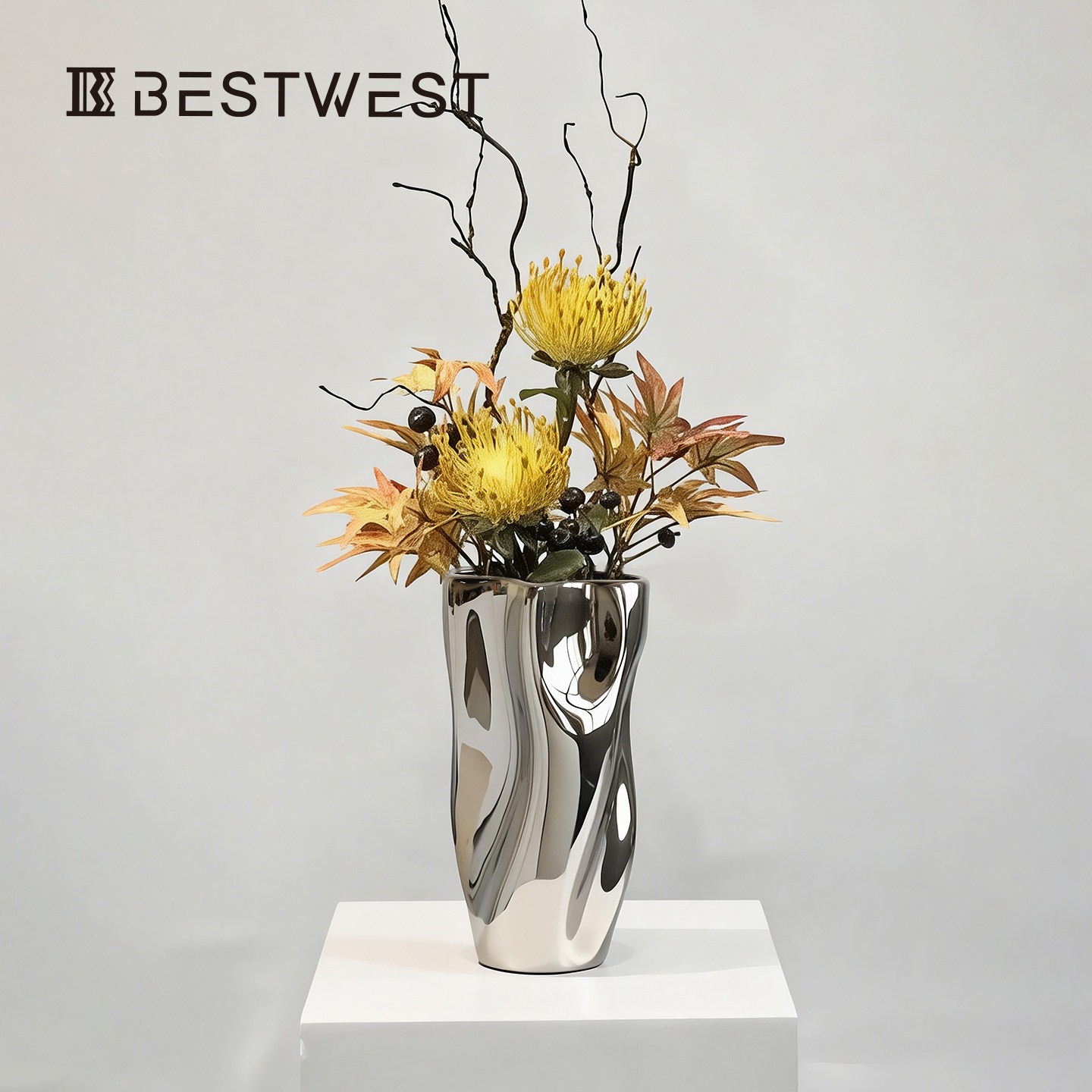 花瓶摆件客厅插花轻奢高级感陶瓷金属电镀银色不锈钢水培器皿复古